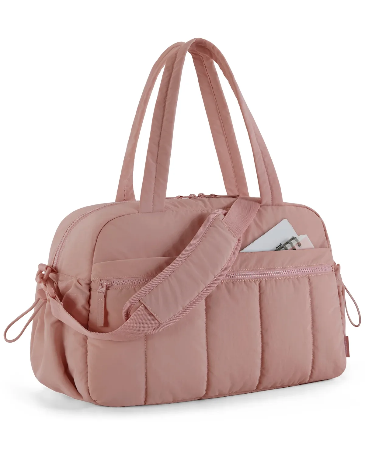 sac voyage polyester doux rose pâle blancs poignée bandoulière amovible compartiment humide week end sport yoga