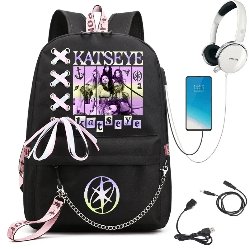 sac à dos d'école graphique katseye pour filles, sacs d'école pour adolescents avec port usb, sac pour ordinateur portable y2k pour femmes, sac à dos katseye pour étudiants