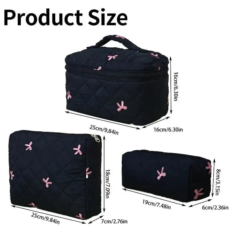 organisateur voyage polyester noir motif géométrique nœuds roses grande capacité matelassé usage journalier cosmétiques maquillage transport facile