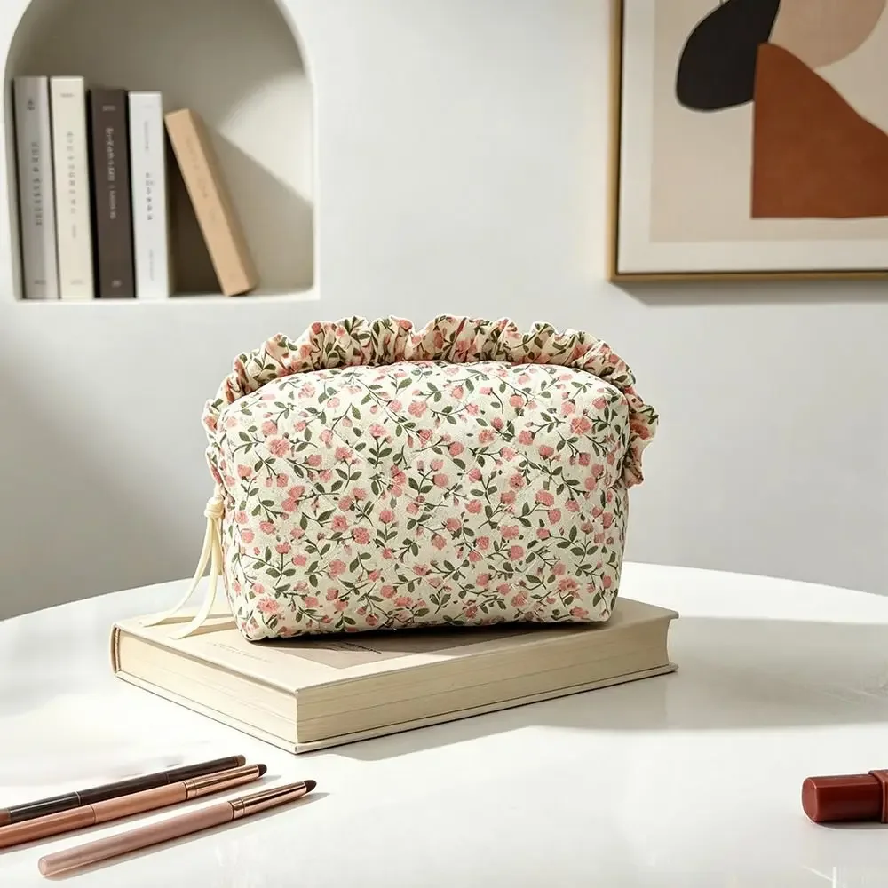 pochette polyester floral bleu blanc motif fleur nœud voyage cosmétique organisateur maquillage capacité grande taille portable