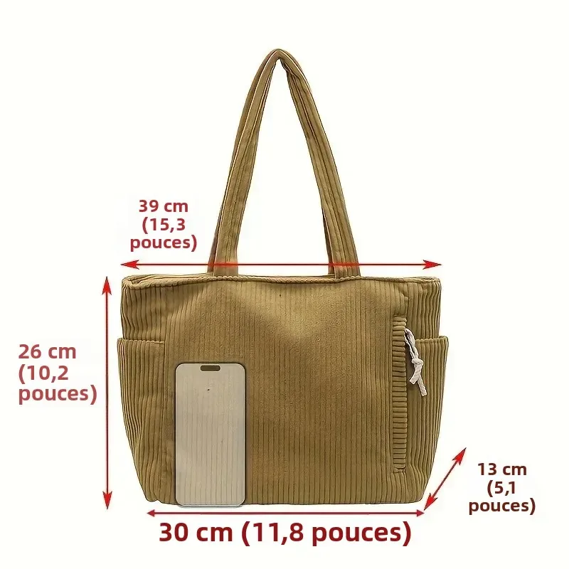 sac à main en velours côtelé léger et grande capacité avec fermeture éclair, couleur unie, sac à bandoulière décontracté pour les trajets quotidiens