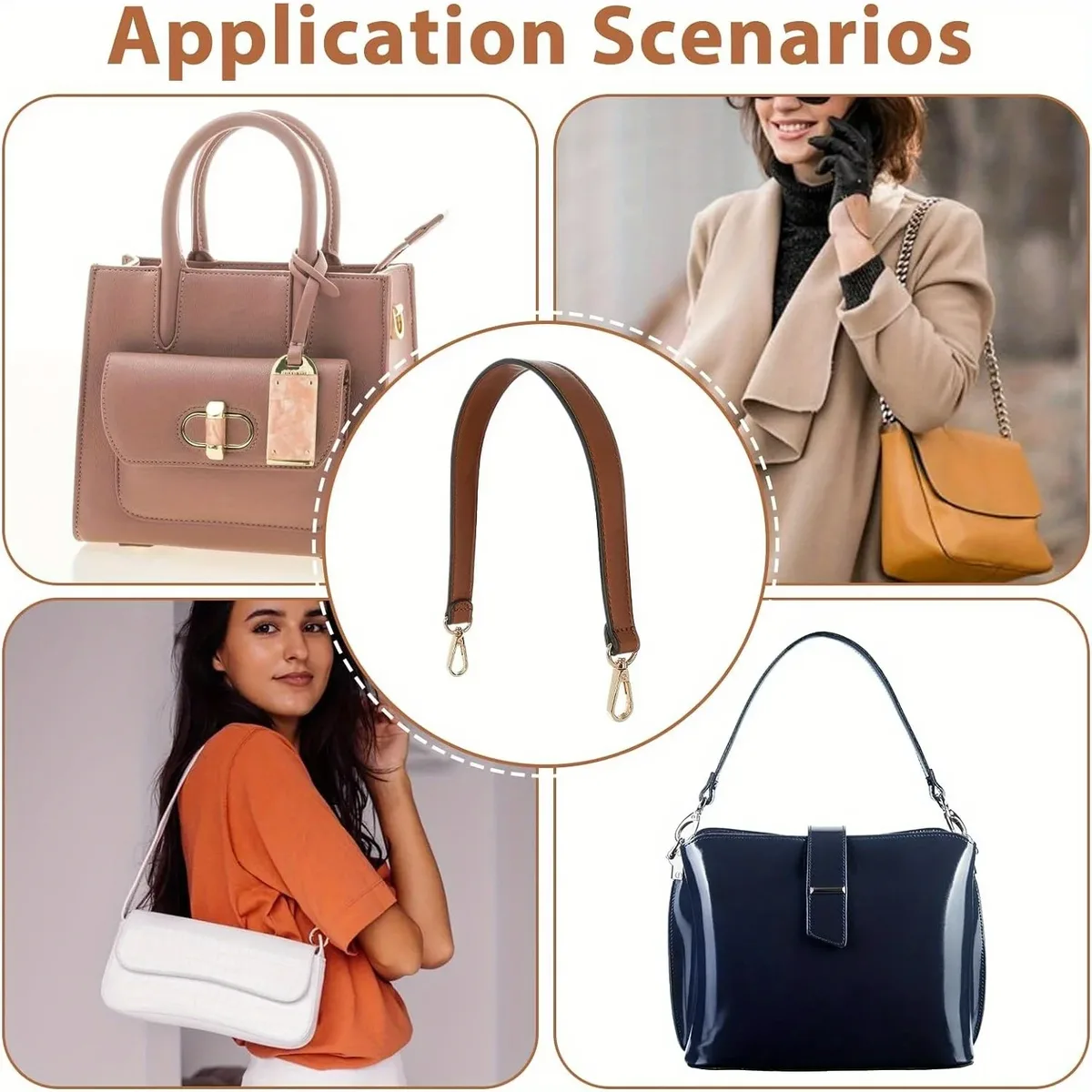 sangle de sac à bandoulière en cuir noir, poignée de sac à main en cuir de 19 pouces, sangles de remplacement avec fermoirs pivotants