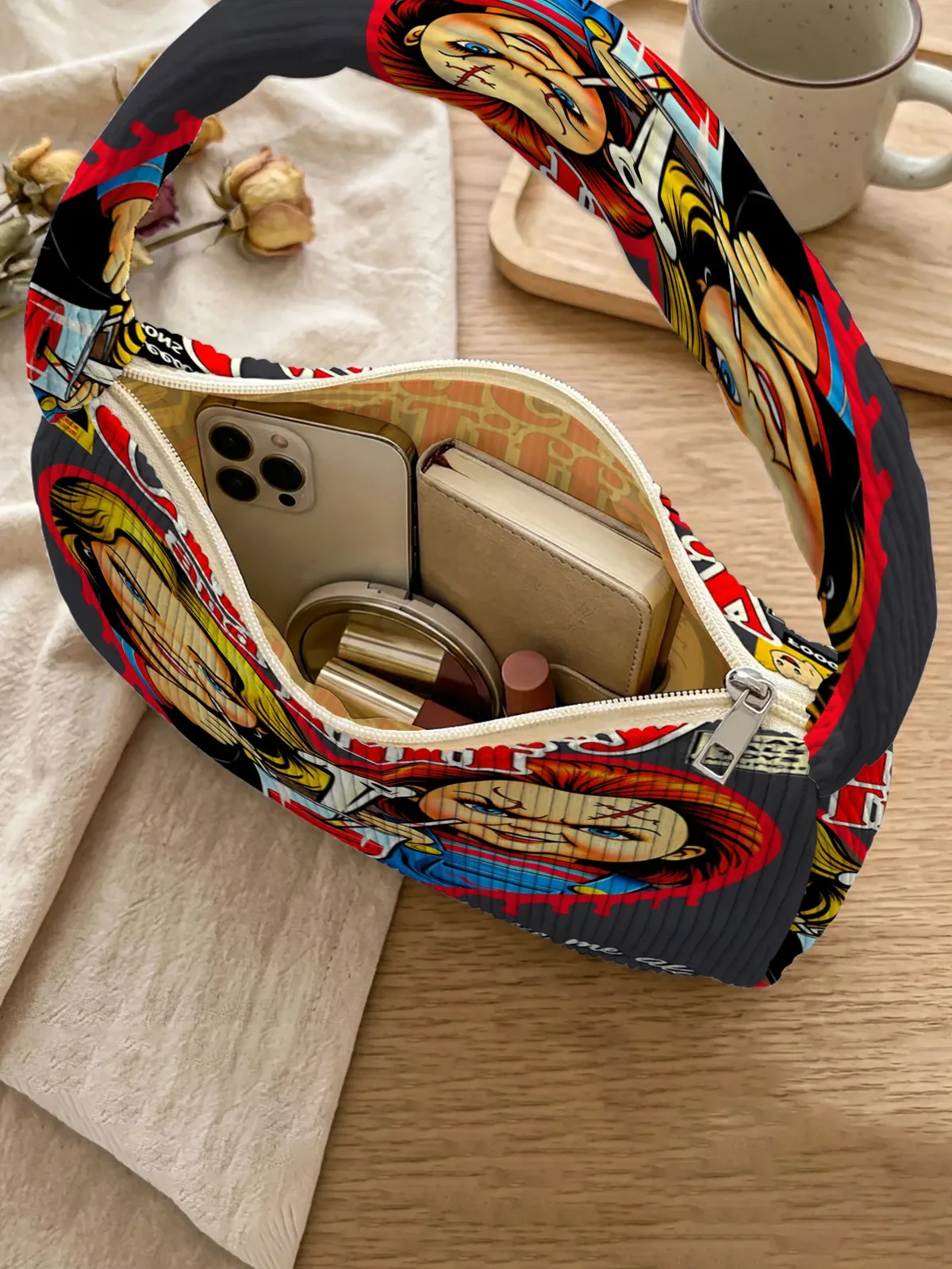 sac à bandoulière tendance imprimé chucky & tiffany, sac sous le bras en velours côtelé pour un usage quotidien décontracté