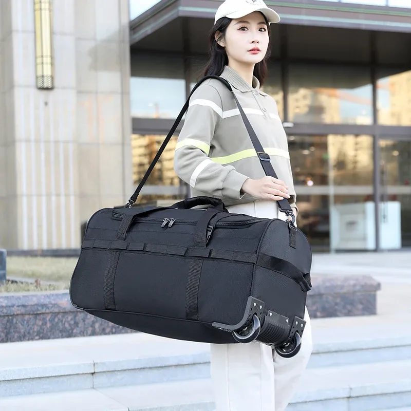sac polochon à roulettes robuste, bagage roulant pliable et résistant à l'eau avec bandoulière réglable et poches pour voyage et salle de sport