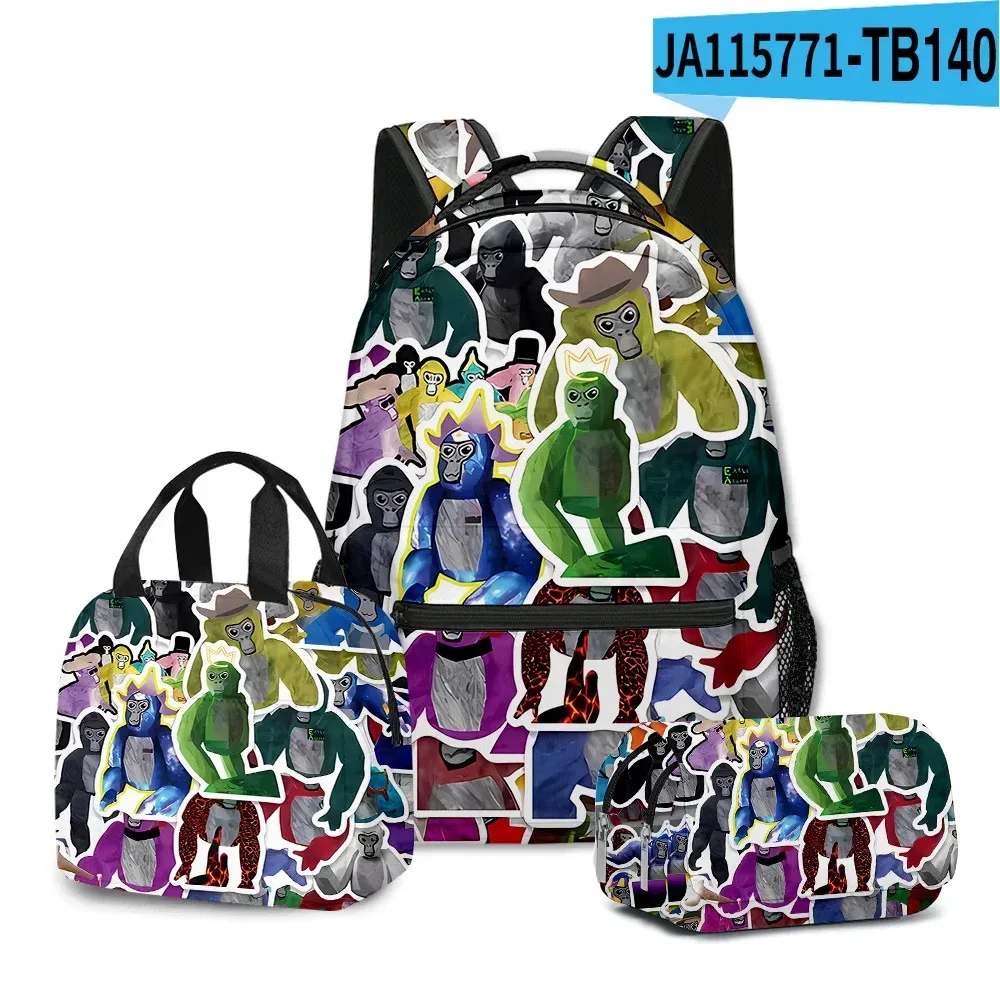 sac à dos d'école pour étudiants, sac à dos portable pour ordinateur portable, sac à déjeuner portable, trousse à crayons, imprimé 3d, motif gorilla classique, populaire et amusant, 3 pièces/ensemble