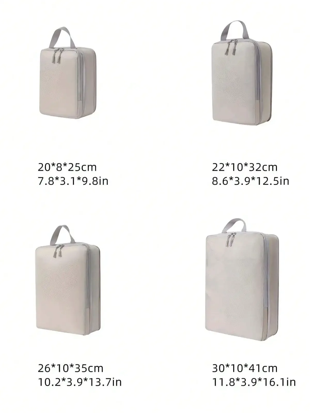 organisateur voyage polyester gris clair poignée noire fermeture glissière compressible sac chaussures rangement cube traçabilité usage polyvalent
