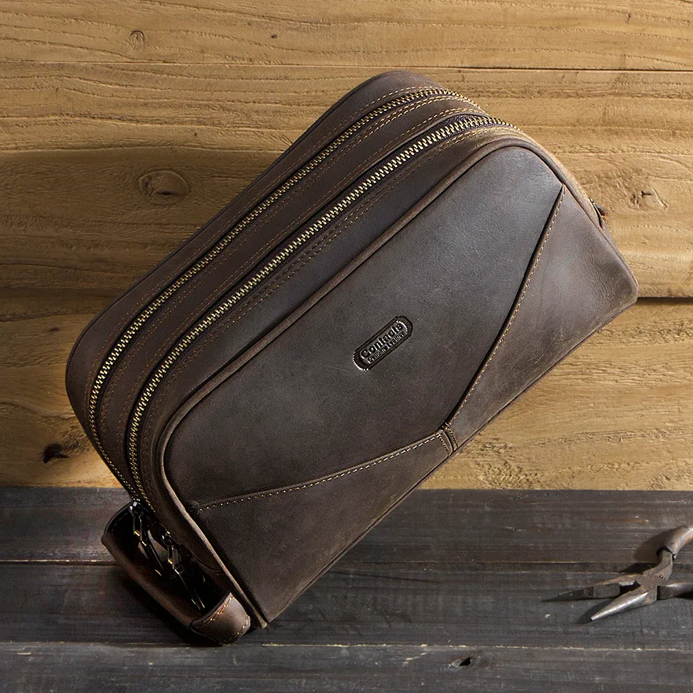 trousse de toilette pour homme en cuir crazy horse vintage, sac de maquillage, trousse de voyage, sac de rangement pour produits de beauté, double fermeture éclair, organisateur pour homme.