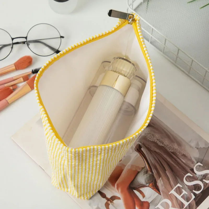 trousse de maquillage en gaze bulle pour femme, sac à main grande capacité, trousse de toilette brodé à rayures, pochette de voyage organisateur