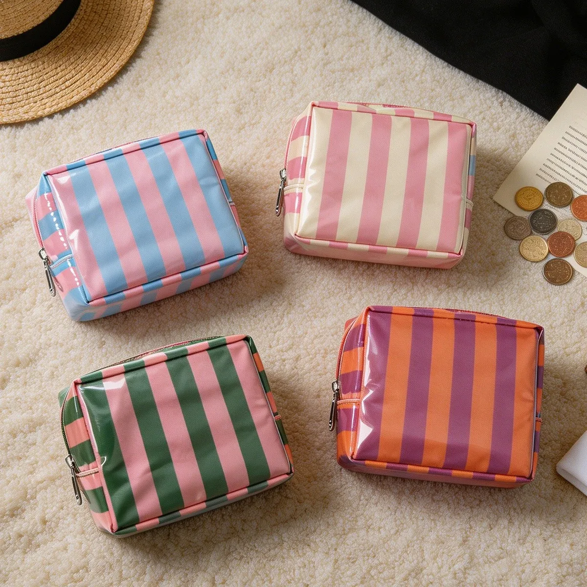 sac à cosmétiques rayé japonais et coréen avec fermeture éclair, trousse de toilette étanche pour voyage, petite trousse de maquillage mignonne