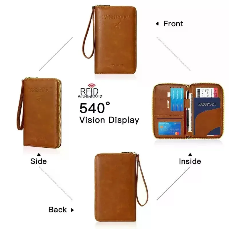 porte-passeport unisexe avec blocage rfid, en cuir pu, avec fermeture éclair, étui de voyage, accessoires de voyage pour hommes et femmes
