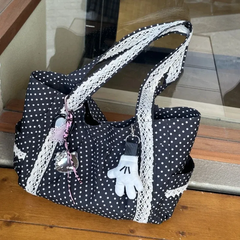 sac à bandoulière en dentelle pour femmes, niche douce, style coréen, vintage, sac à main en toile à pois, grande capacité, multi-poches, fourre-tout pour les déplacements