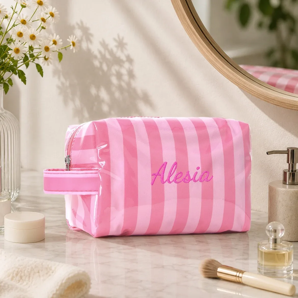 pochette cosmétique rayée personnalisée, imperméable, multifonctionnelle, portable, idéale pour les voyages, parfaite pour les mariages et les cadeaux de plage d'été