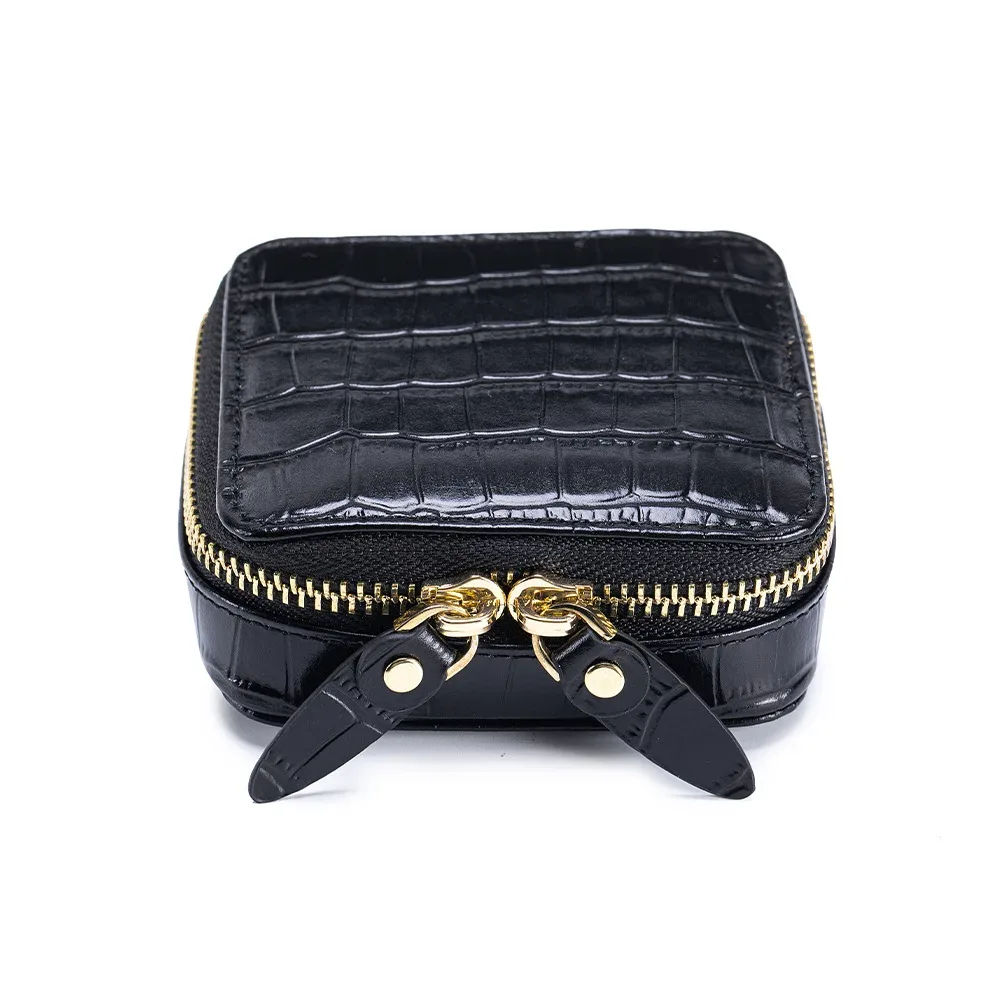 organisateur bijoux cuir crocodile marron noir beige velours brun compartiments pliable extensible cosmétiques pliant rangement voyage