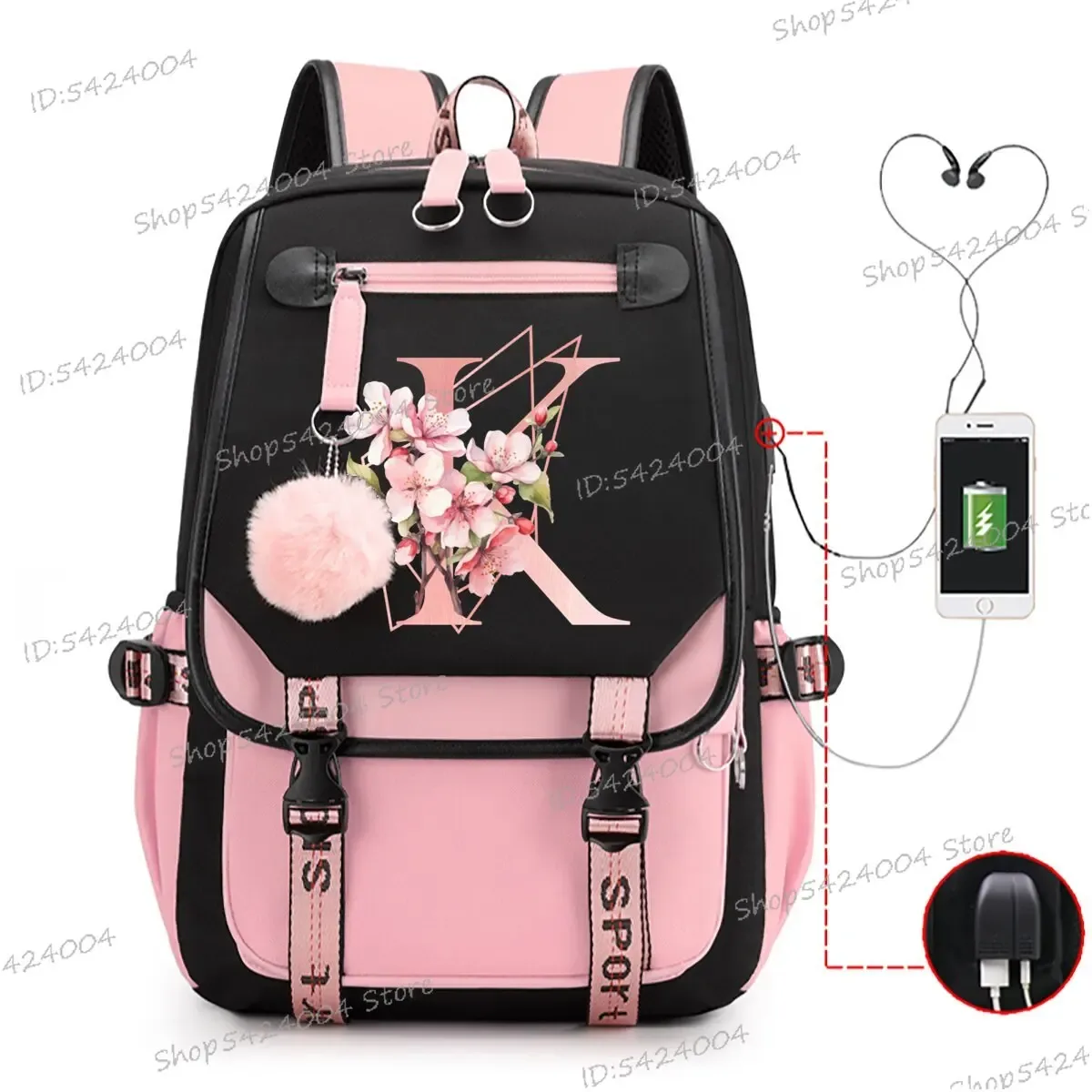 sac dos nylon unisexe rose noir lettre initiale motifs floral personnages voyage adolescents toile interne ordinateur poche fentes compartiments