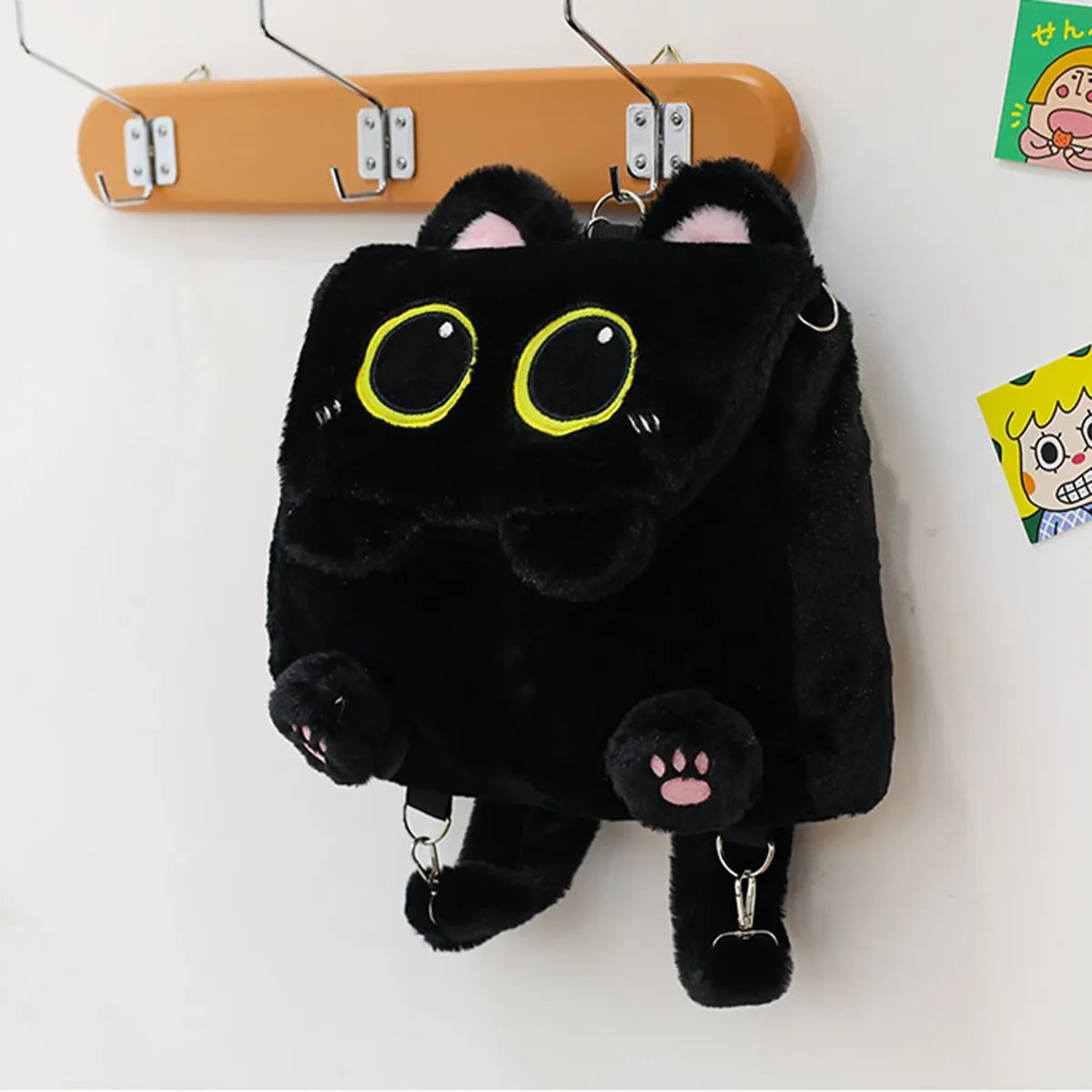 sac à dos en peluche chat noir pour filles, design chaton mignon, grande capacité, léger, pour l'école, les voyages et l'usage quotidien