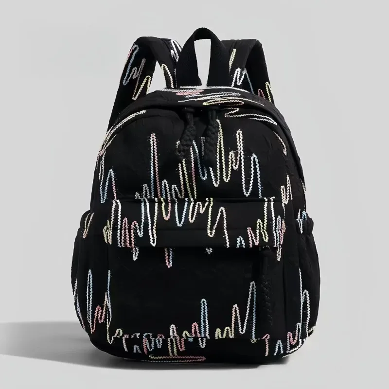 sac dos nylon motif ondulé légèrement matte lacet reglable fermeture éclair petite capacité voyage femme bleu noir beige