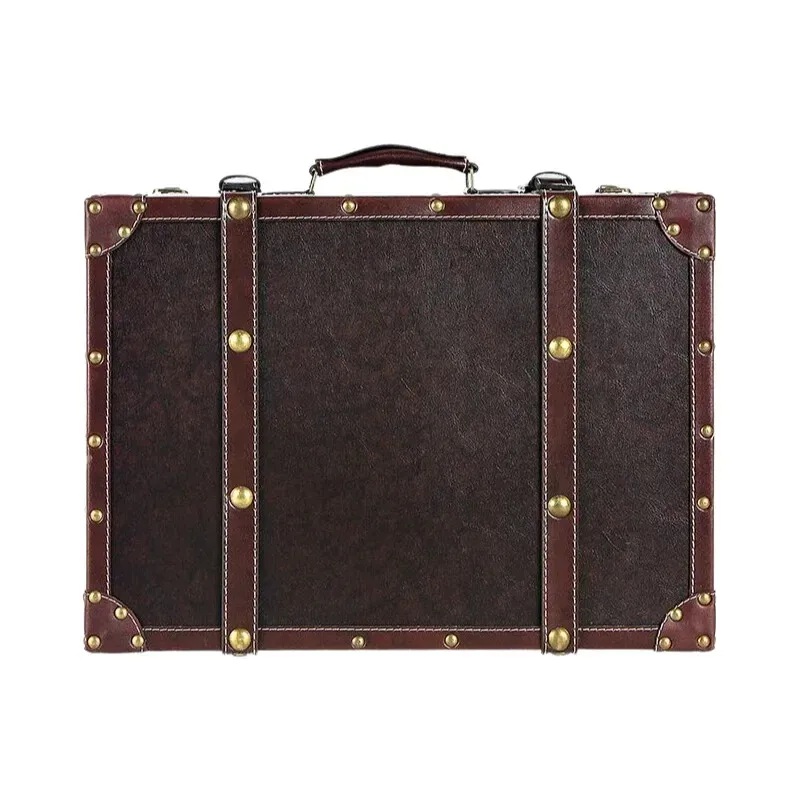 valise pu cuir simili vintage ligne verticale verde foncée roulettes poignées cuir marron rivets dorés voyage décoration maison