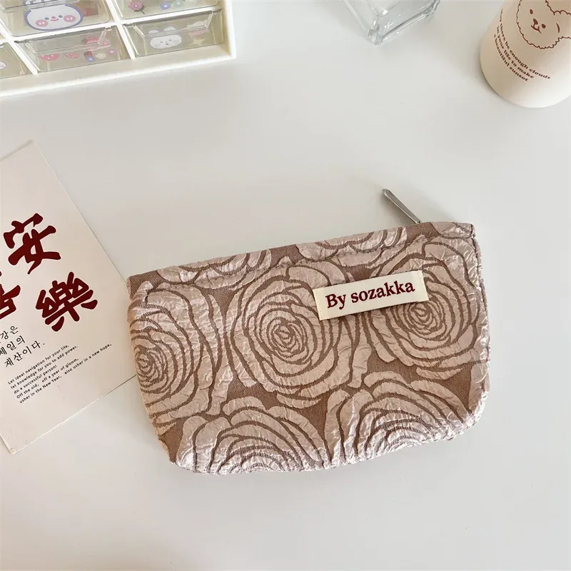 sac de rangement pour cosmétiques de voyage pour femmes, fleurs en relief français, portefeuille mignon, kits de maquillage, sacs à main, étui à crayons pour téléphone, sac d'évaluateurs