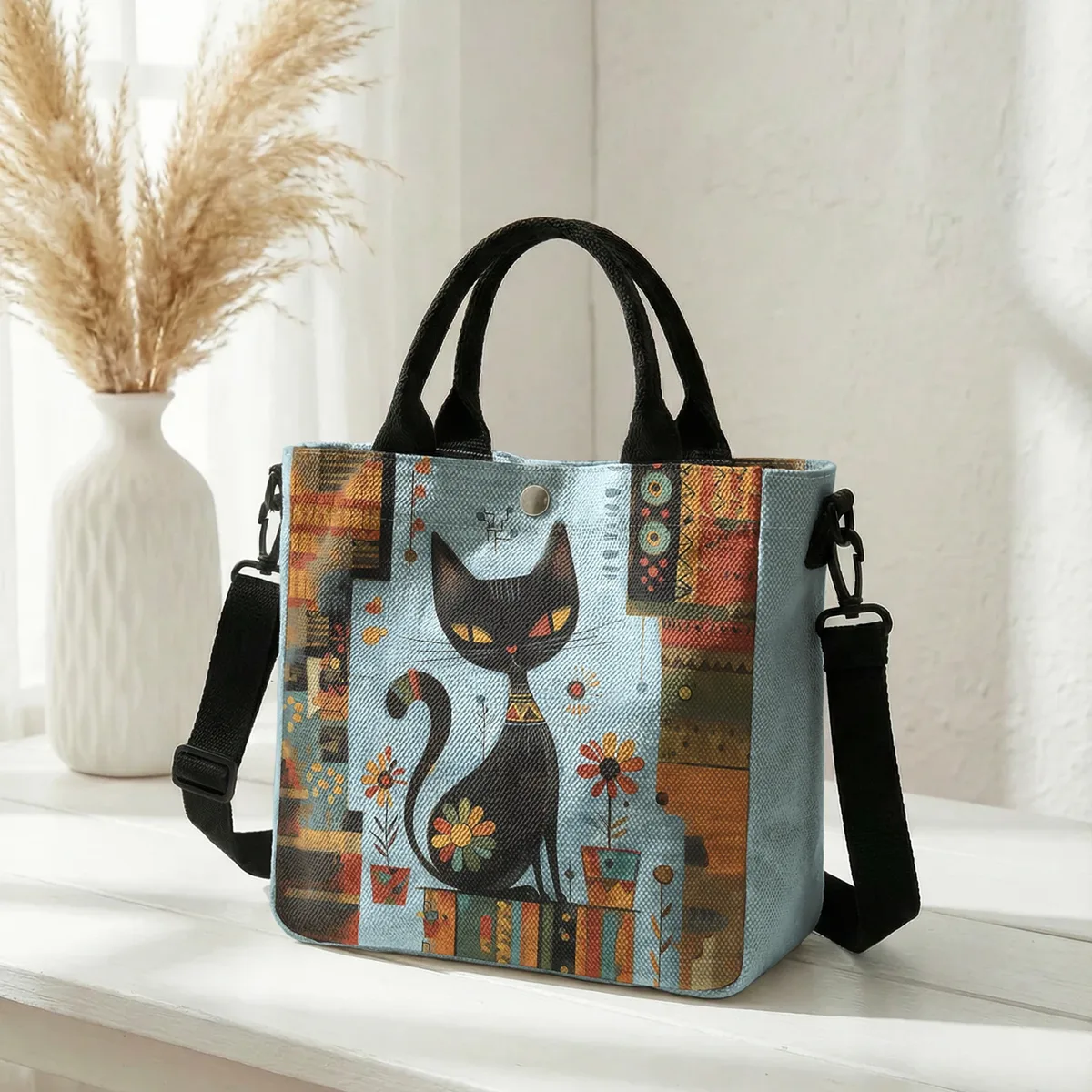sac fourre-tout avec imprimé artistique de chat noir géométrique abstrait, sac à bandoulière avec sangle détachable pour femmes, pour les courses quotidiennes