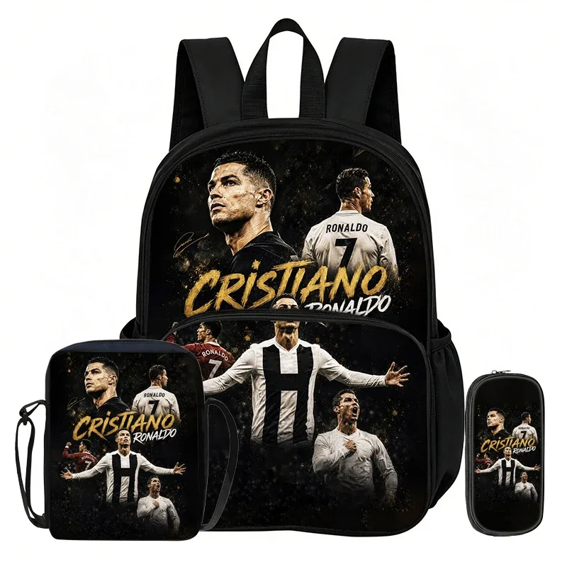 ensemble de 3 sacs à dos avec poche avant ronaldo learn, sacs à bandoulière pour voyage et fans de football, trousse à crayons, sacs d'école et de sport