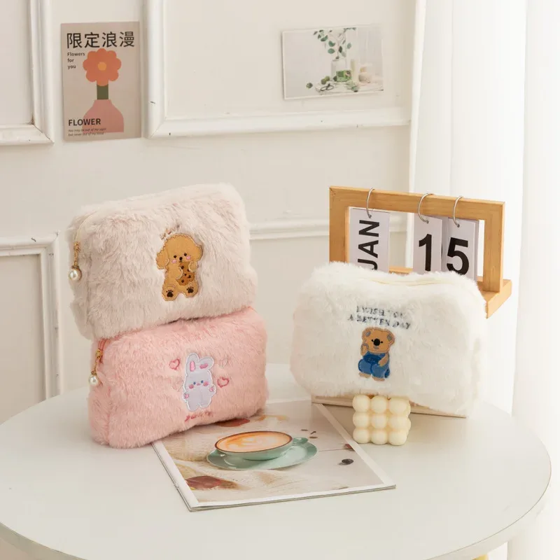 sac à cosmétiques en peluche pour filles, sac de rangement de grande capacité, porte-poudres de maquillage, cadeau pour filles, école coréenne, étudiant