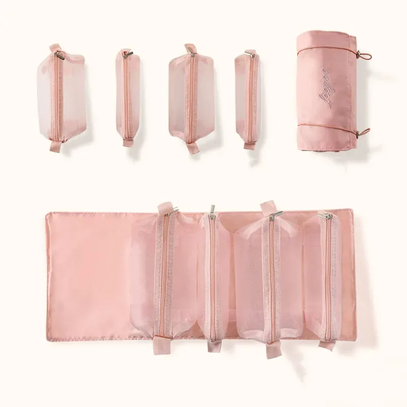 nouveau sac de maquillage pour femmes 4 en 1, sacs de rangement pliables et détachables en maille de nylon, sac de toilette cosmétique de voyage portable de grande capacité
