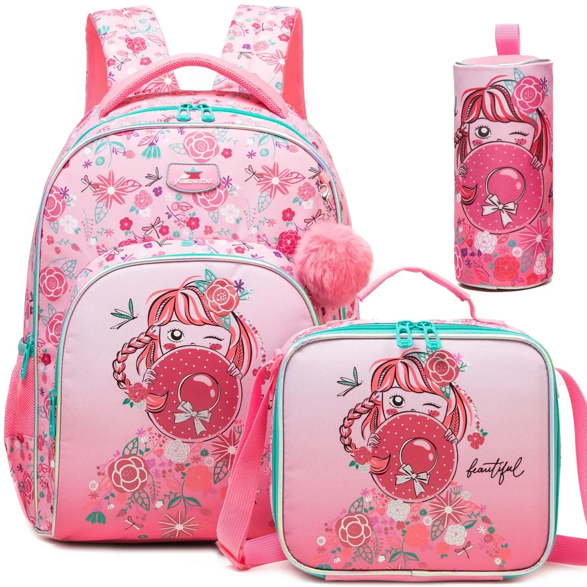 3 pièces sac à dos pour enfants fleur filles bookbag ensemble avec boîte à déjeuner primaire collège sac à dos pour voyage retour à l'école approvisionnement