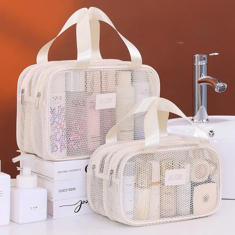 sac de maquillage de voyage en maille double couche, pochette cosmétique à grande capacité, organisateur pliable pour les articles de toilette des femmes en vacances