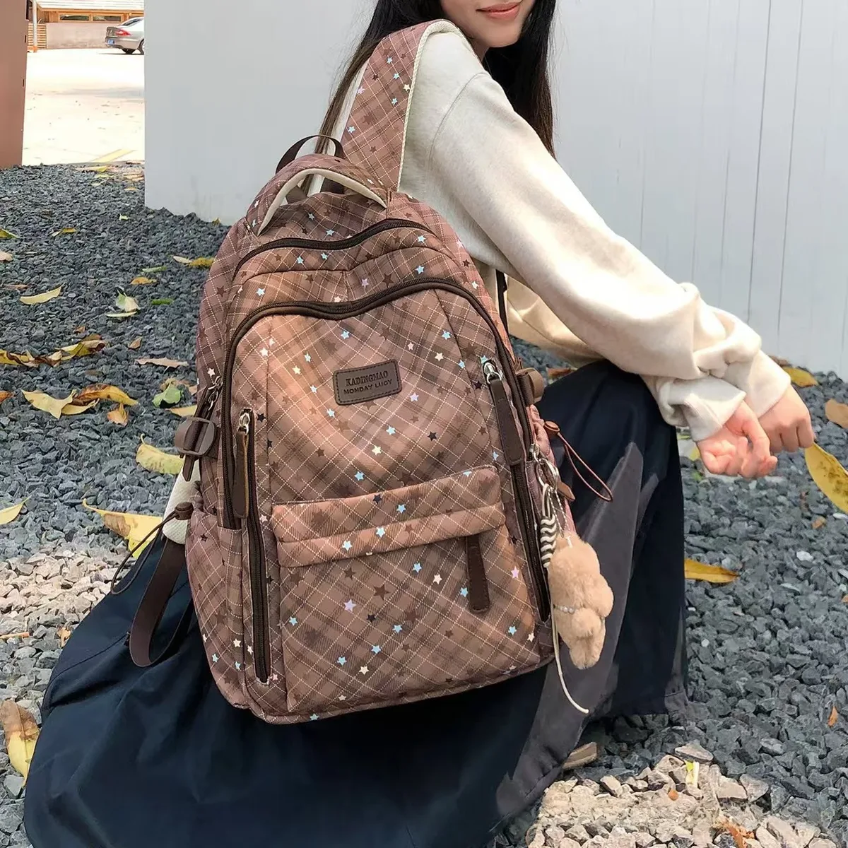 sac à dos décontracté grande capacité tendance pour les loisirs et les voyages, en nylon, pour les jeunes filles du collège et du lycée, sac à dos d'extérieur à imprimé à carreaux
