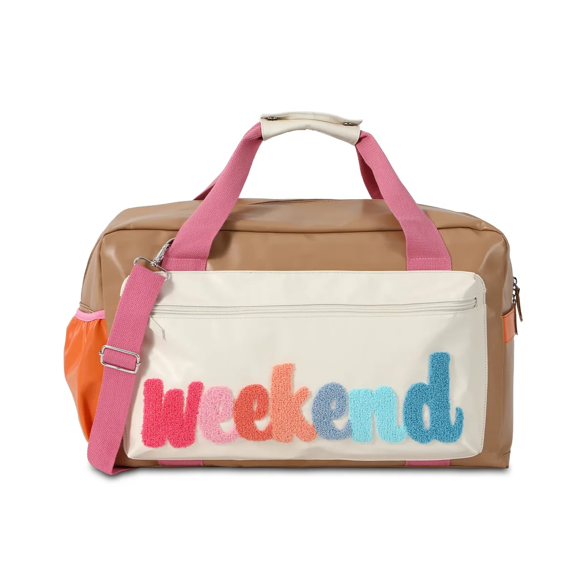 sac voyage nylon beige bandoulière amovible poignée supérieure week-end lettre brodee femmes vacances doux