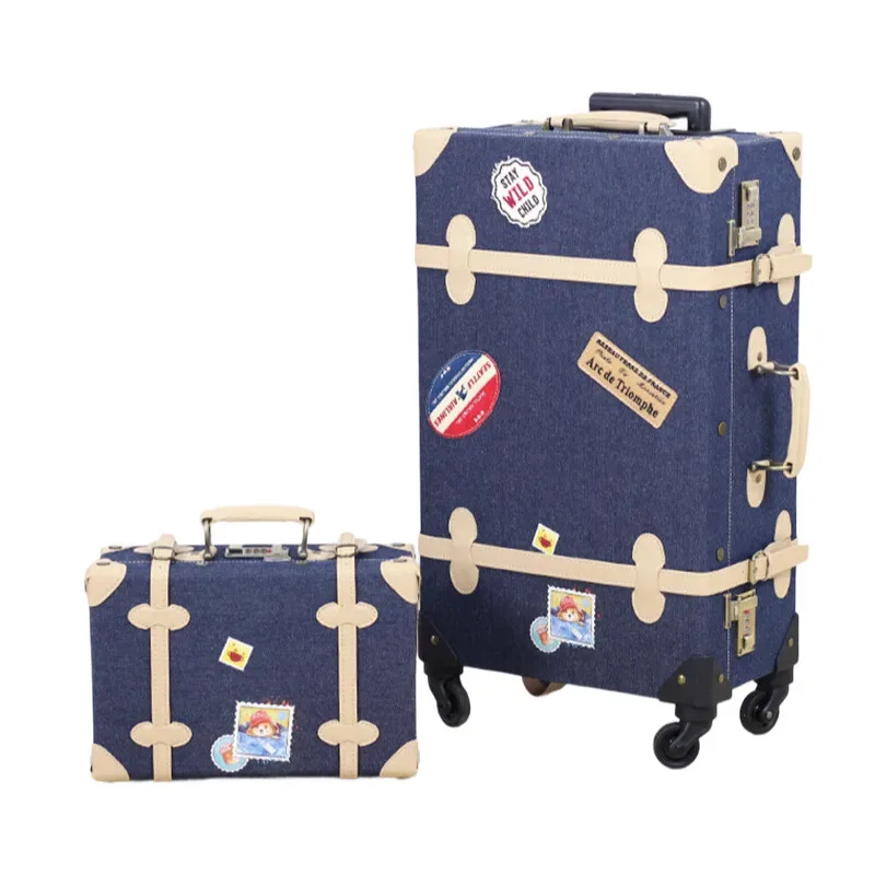 nouvelle valise en patchwork de denim avec coins en cuir faits à la main, roulettes à bagages rigides de voyage vintage de 20/24 pouces