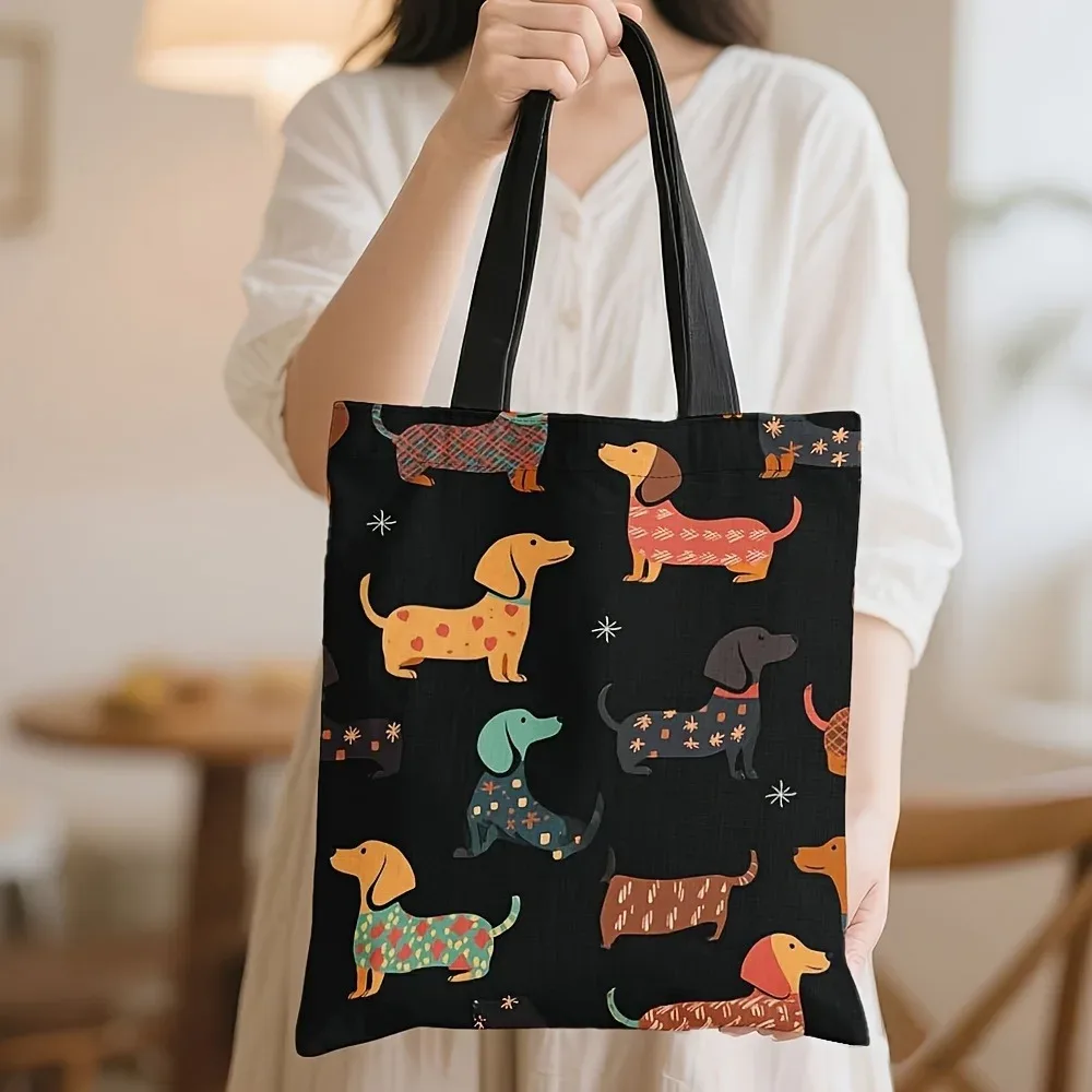 sac fourre-tout à imprimé numérique rayé rouge et blanc avec motif chien tacheté à poils roux et chapeau, sac de plage pour femme, sac de shopping décontracté et durable