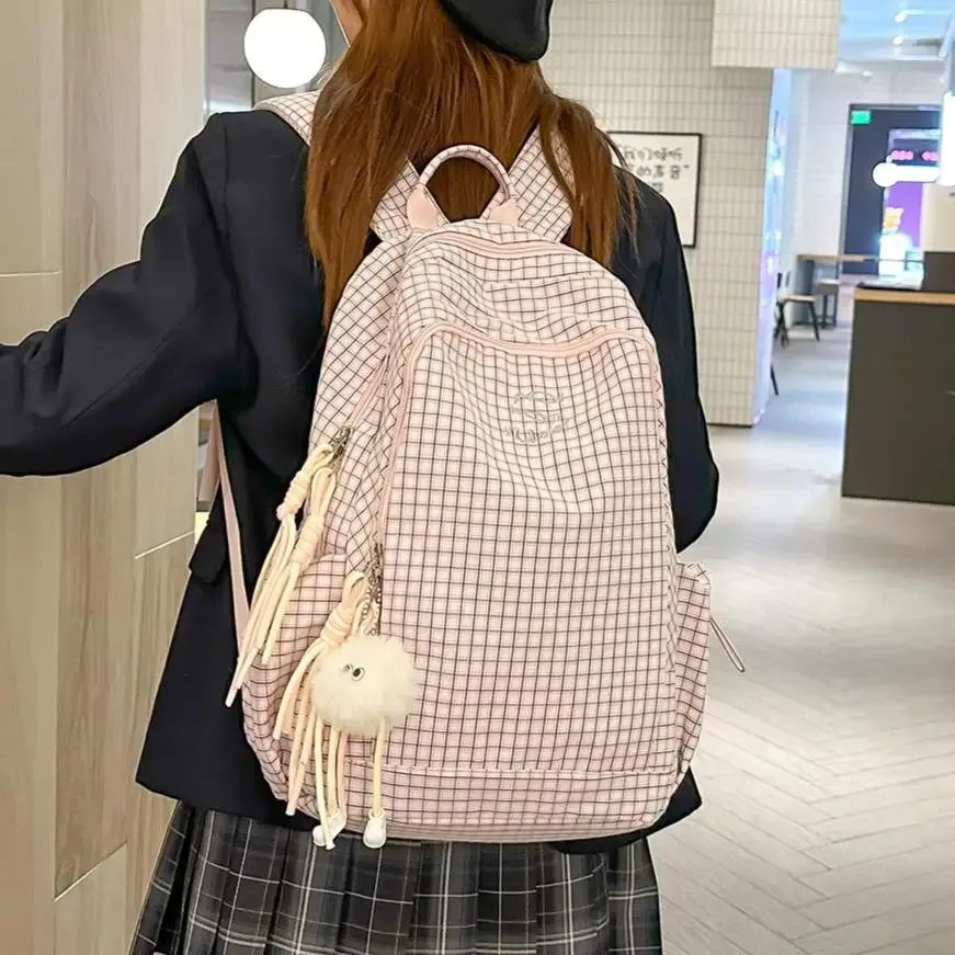 sac à dos coréen à carreaux avec cordon de serrage, grande capacité, pour étudiants et navetteurs, en nylon léger, sac à livres décontracté en forme de seau avec fermeture éclair, couleur foncée