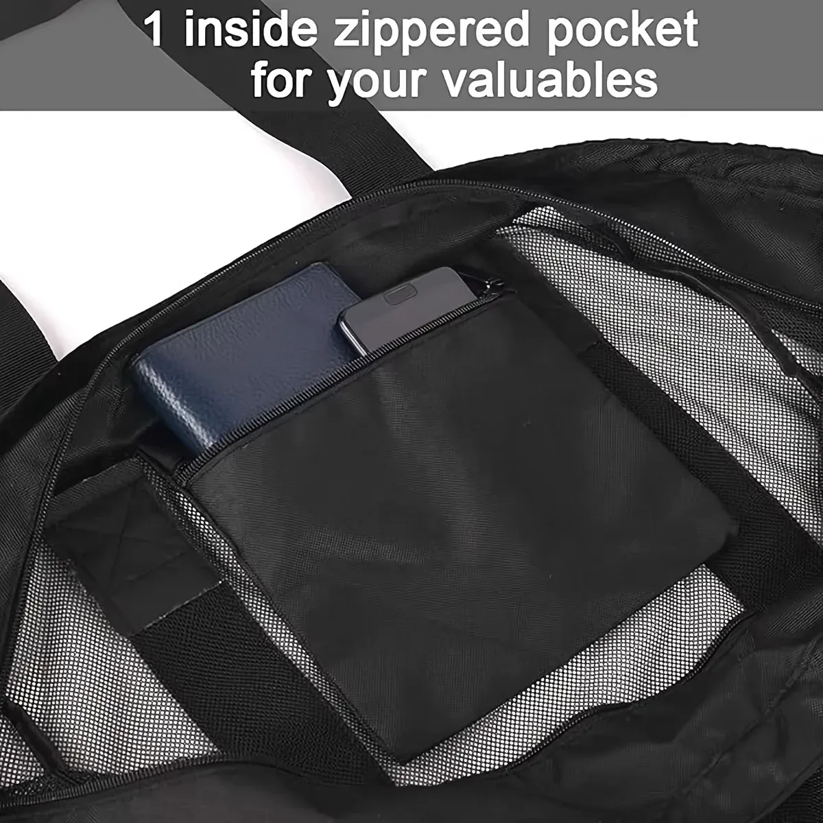 sac de plage en maille extra large, fourre-tout respirant en maille avec fermeture éclair et poches latérales, sac de rangement portable de grande capacité
