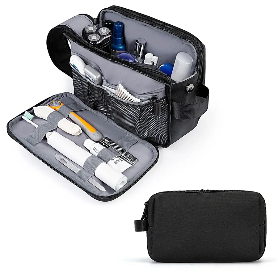trousse polyester noire organisée voyage cosmétique rasoir maquillage humidifiant sècheporte ordonnancement bouteille pliante extensible