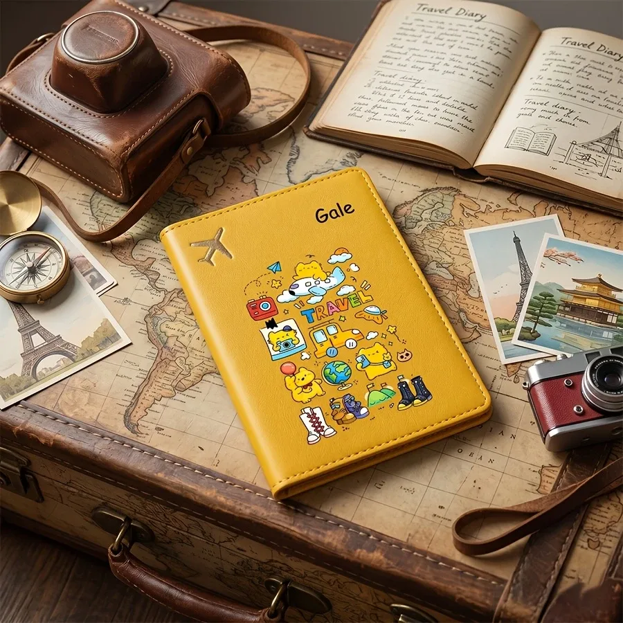 porte-passeport personnalisé avec nom et texte, étui de passeport mignon à motif de dessin animé, couverture de passeport et organiseur de documents, porte-billets de voyage