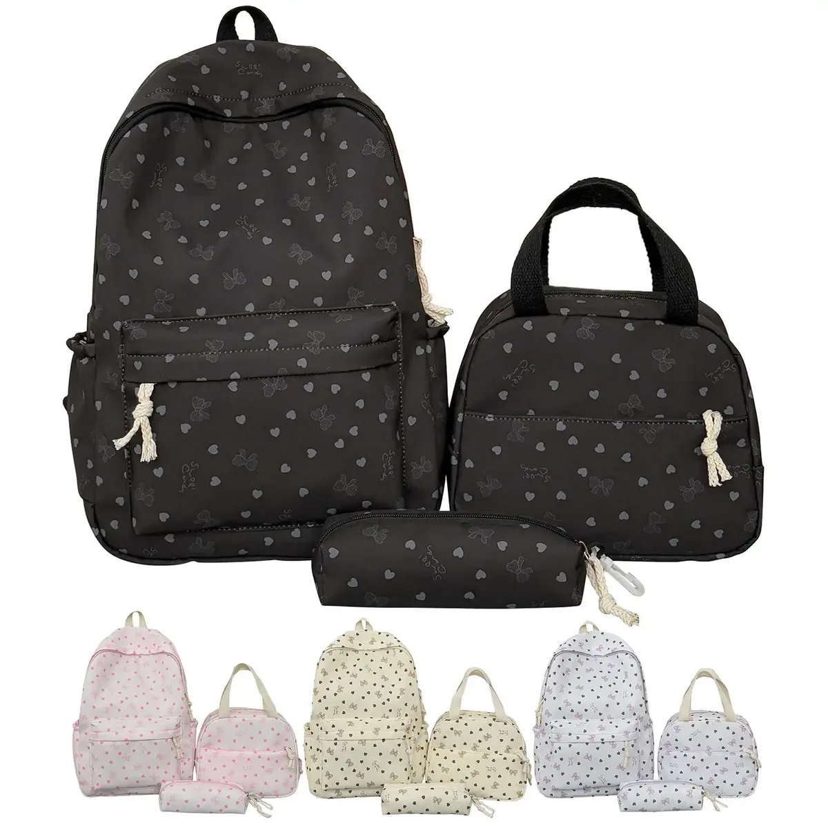 sac dos nylon papillons cœurs noir blanc rose adolescentes étudiantes voyage école pochette main set