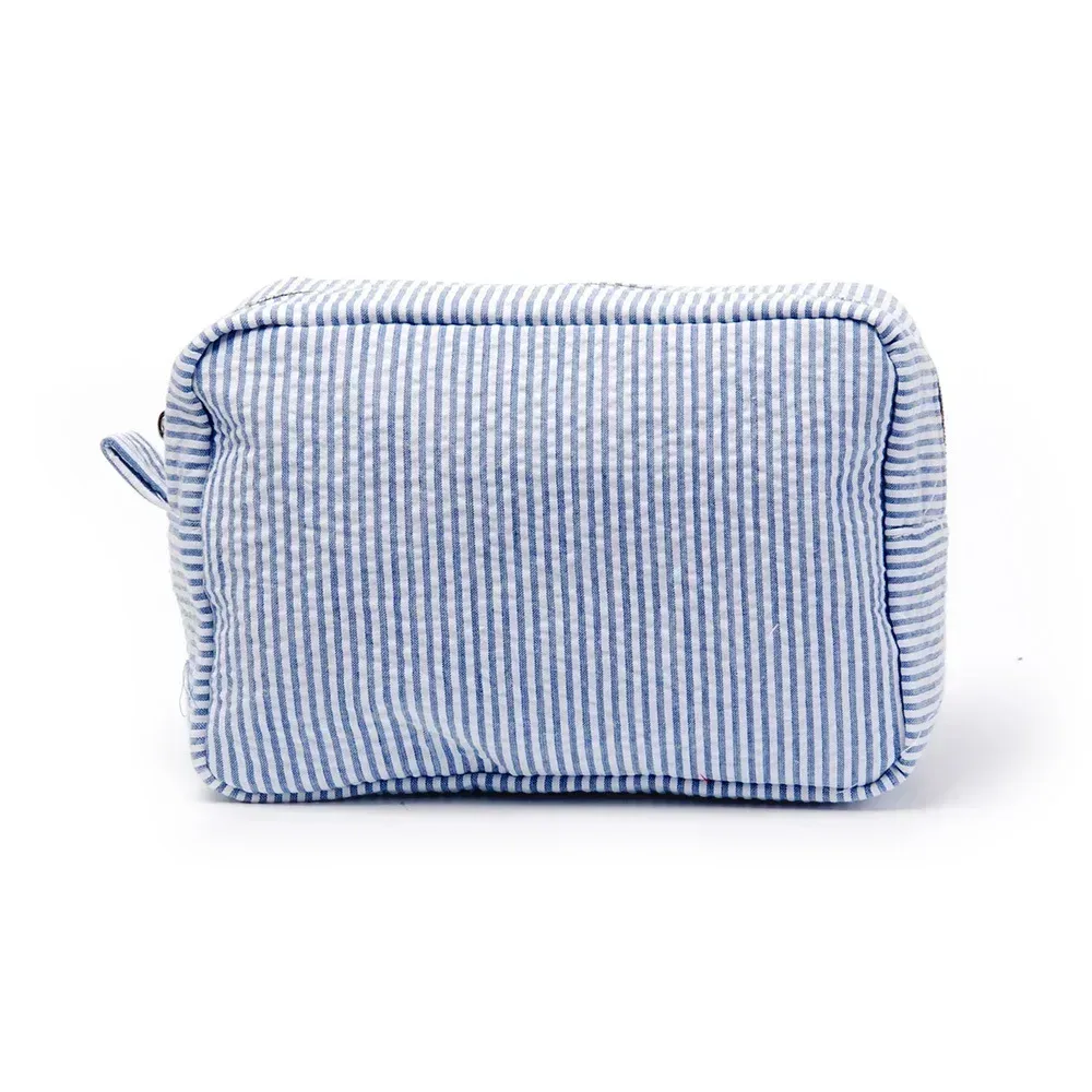 Trousse de maquillage Seersucker rayée avec volants, pochette cosmétique de voyage de grande capacité avec fermeture éclair, organisateur de toilette pour femmes et filles