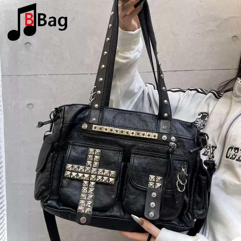 sac fourre-tout original fait main, style punk à rivets, motif croix, lourd, pour subculture visual kei, sac à main gothique, sac bandoulière harajuku