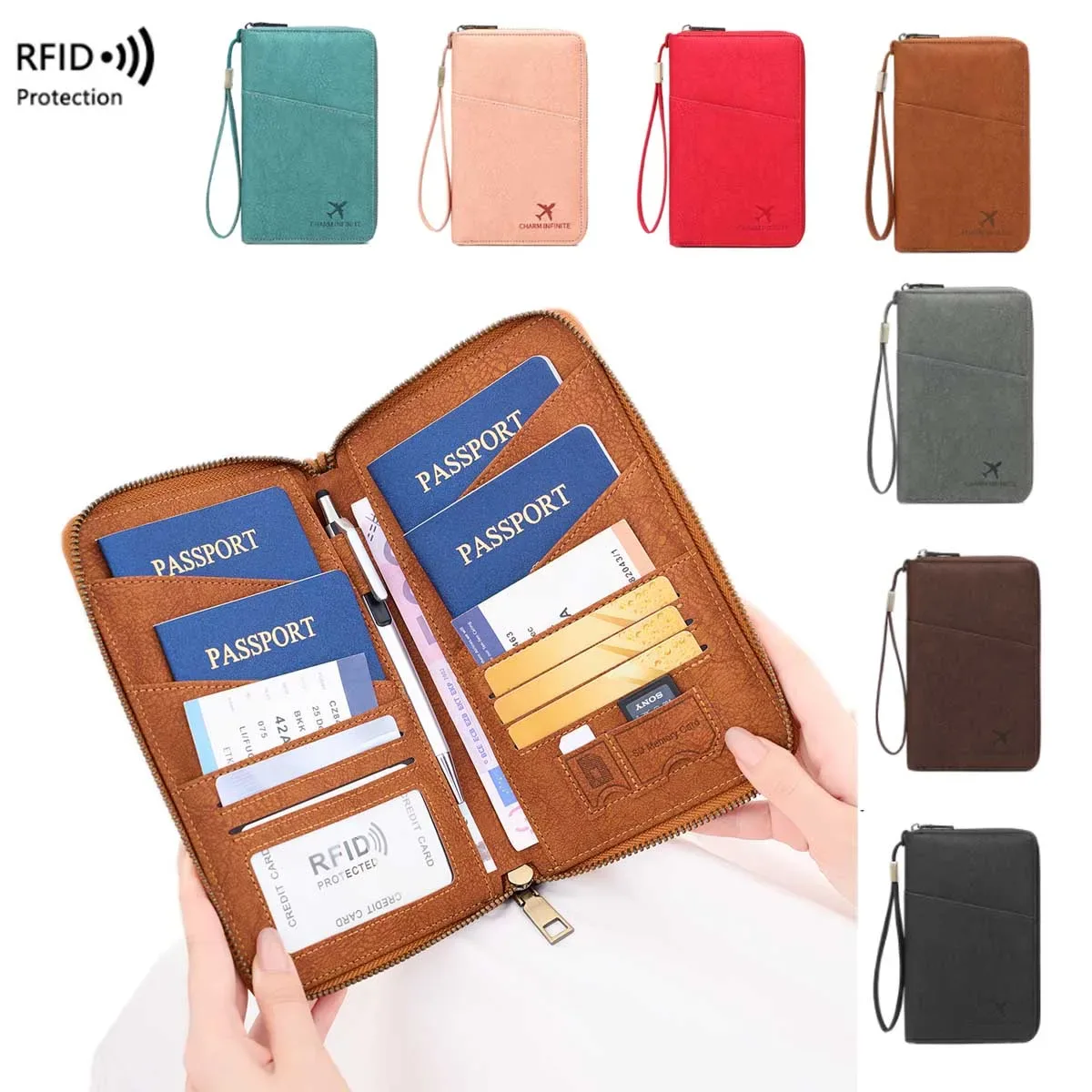 Sac de passeport multifonctionnel bloquant RFID, porte-documents de voyage avec portefeuille de rangement de billets à longue fermeture éclair pour plusieurs passeports