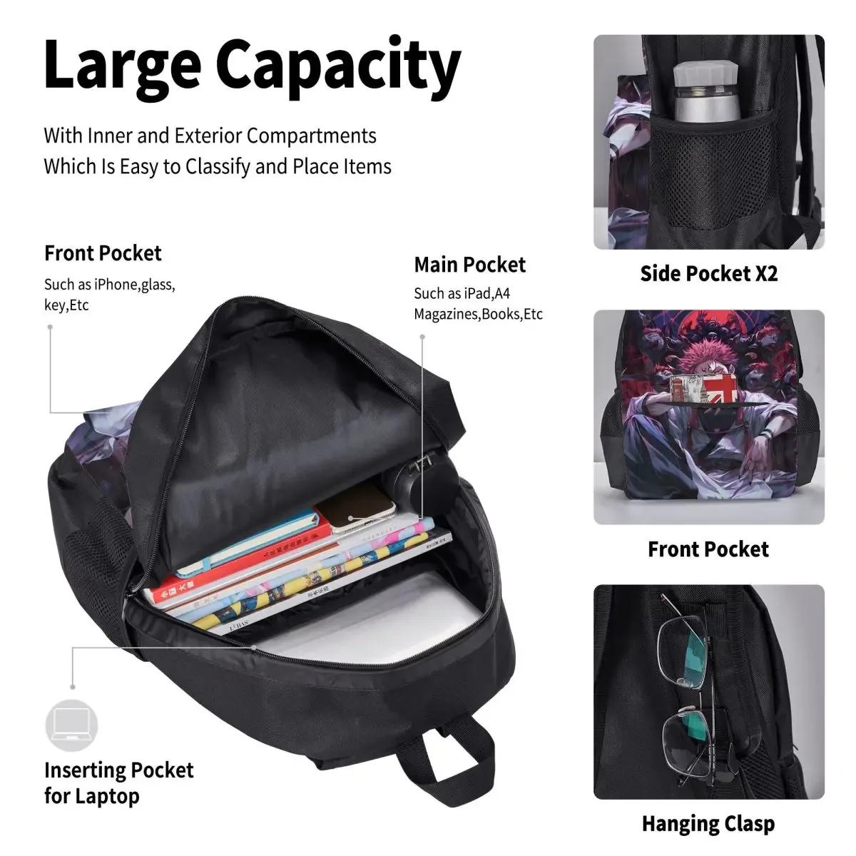 sac dos polyester noir motif animé format grand volume usage étudiant lycéen informatique bandes latérales pochette stylos sac main assorti