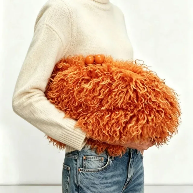 sac à main en fausse fourrure kisslock pour femme, pochette chaude et moelleuse pour l'hiver, sac à fermoir à cadre, rouge, jaune, orange, rose, beige