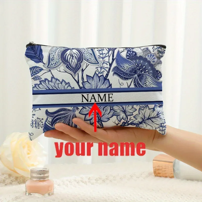 1 pièce trousse de maquillage personnalisée avec nom et motif floral imprimé, sac de rangement de voyage pour articles de toilette, organisateur de cadeaux de fête, pochette cosmétique