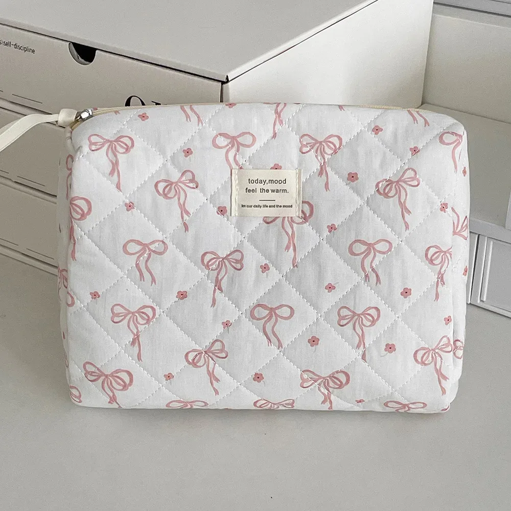 sac de maquillage matelassé avec nœud papillon pour femmes, fourre-tout portable, pochette de rangement de cosmétiques et de toilette, sac à main à fleurs avec fermeture éclair, vente en gros