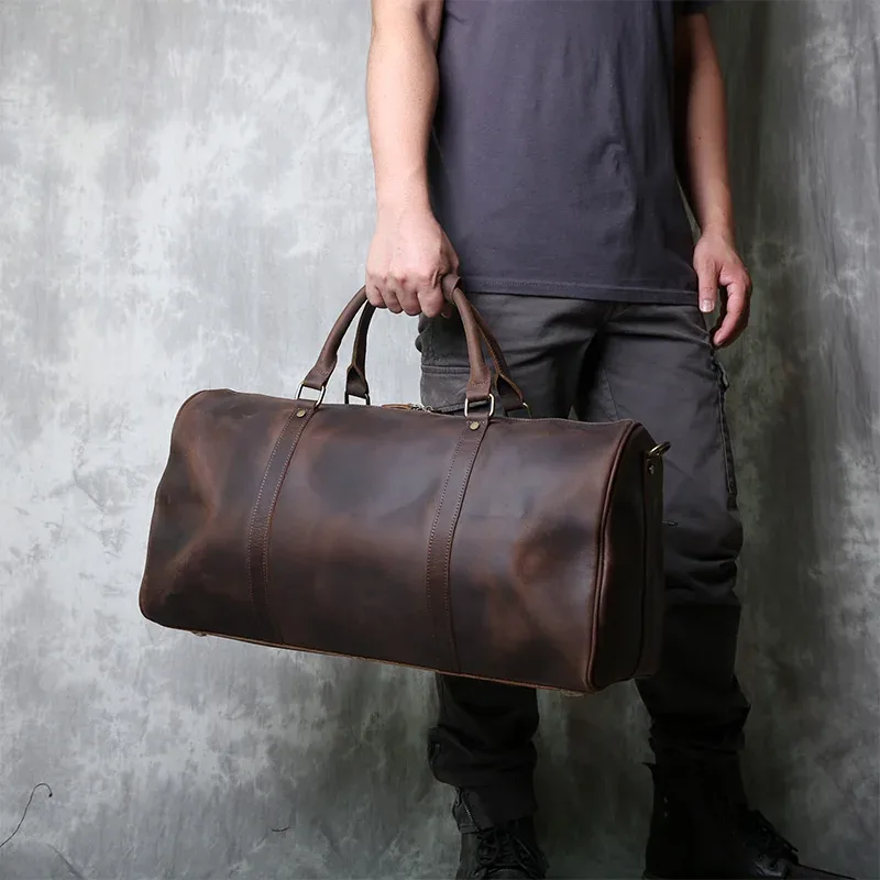 sac de voyage vintage en cuir véritable pour hommes, grande capacité, bandoulière horizontale en cuir de cheval fou, valise portable