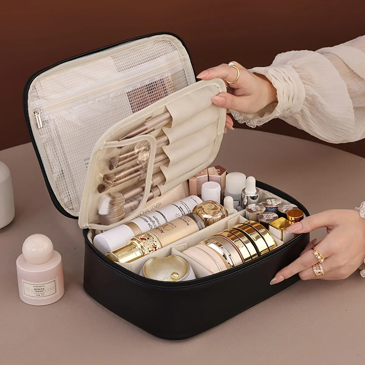 trousse de maquillage double couche en cuir pu, sacs à cosmétiques de grande capacité, organisateur de cosmétiques de luxe, essentiels de voyage pour femmes
