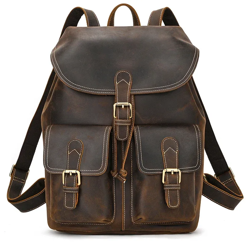 luufan – sac à dos vintage en cuir véritable pour hommes, sac de jour seau en cuir de cheval fou, sac de voyage masculin de grande capacité, sacs d'école