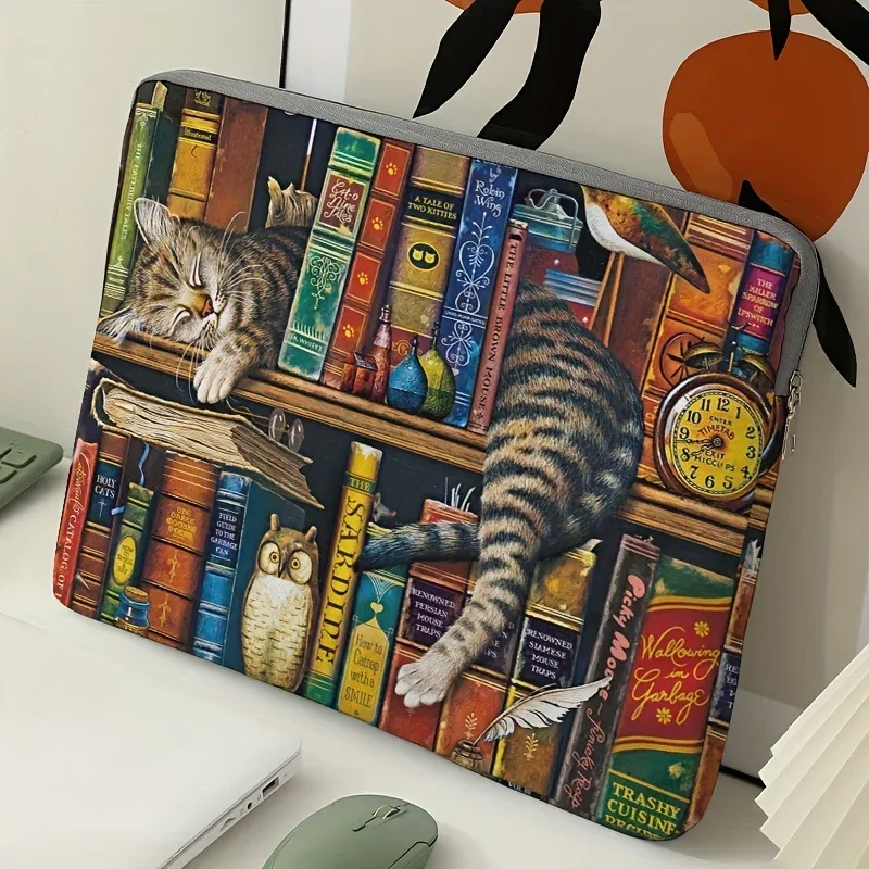 housse polyester ordinateur portable chat dormant livres colorés poignées noires transport originaux hibou livre ouvert horloge