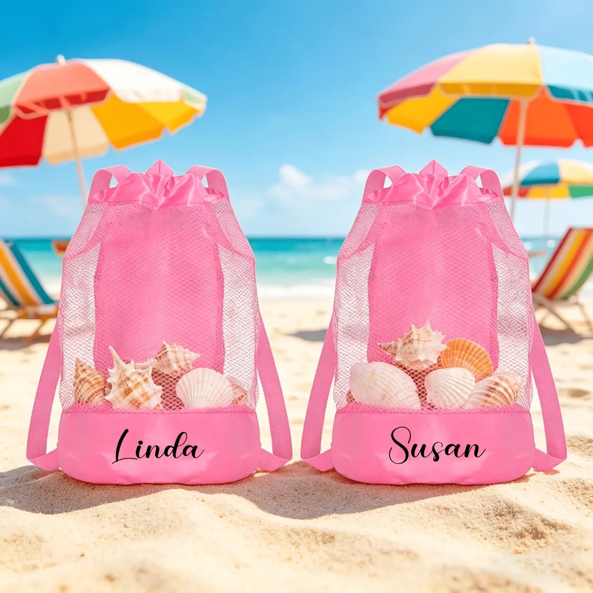 sac voyage maille personnalisation femmes plage gym turquoise rose bleu noir coquillages poche inférieure