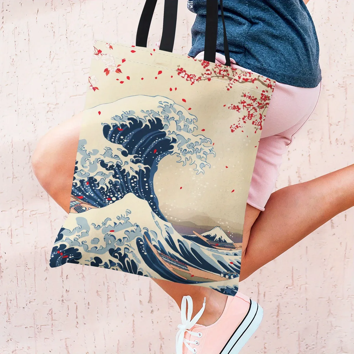 sac fourre-tout en polyester inspiré de l'art japonais, sac à bandoulière durable avec design ukiyo-e wave, sac de courses réutilisable 1 pièce